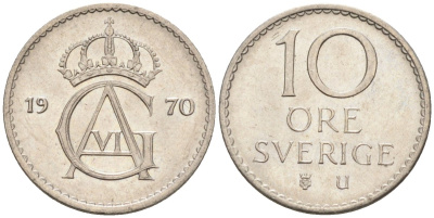 Швеция 10 эре 1970 Густав VI Адольф (1950-1973) KM 835 медно-никель UNC 4585-421