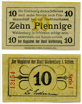 ВАЛЬДЕНБУРГ 10 ПФЕННИГОВ 1918 6 МЕСЯЦЕВ ПОСЛЕ МИРА, НОТГЕЛЬД, ЗЕМЛЯ СИЛЕЗИЯ, СЕРИЯ 1 Grabowski W3.3 бумага 2193-18-1-2