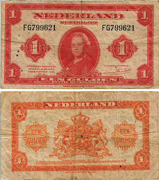 Нидерланды 1 гульден 1943 7 февраля 1943, Вильгельмина Pick 64 бумага 8604-13-1-1