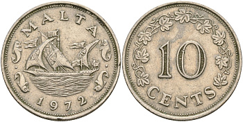 Мальта 10 центов 1972 баржа Великого магистра KM 11 медно-никель 4137-931
