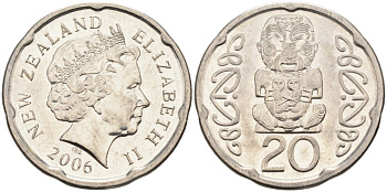 Новая Зеландия 20 центов 2006 Елизавета II (1952-2022), идол Пукаки KM 118а никелированная сталь 4579-1136