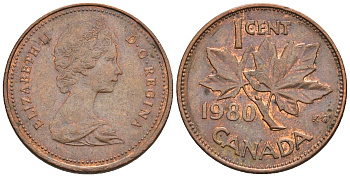 Канада 1 цент 1980 Елизавета II (1952-2022), кленовый лист KM 127 бронза 4609-155