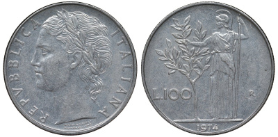 Италия 100 лир 1974 R, Афина в доспехах KM 96.1 нержавеющая сталь 4123-1233