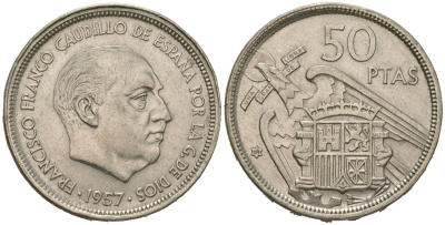 Испания 50 песет 1957 (58) Франсиско Франко (1939-1975) KM 788 медно-никель 4619-736