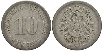 ГЕРМАНИЯ 10 ПФЕННИГОВ 1889 D, СТАРОГЕРБОВКА KM 4, Jager 4, Weege 7 медно-никель 4543-624