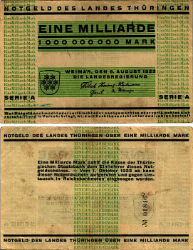 ГЕРМАНИЯ 1000000000 МАРОК 1923 9 АВГУСТА 1923, ТЮРИНГИЯ, НОТГЕЛЬД, СЕРИЯ А, ЗЕЛЕНАЯ KELLER 46 бумага 444-45-1