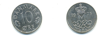 ДАНИЯ 10 ЭРЕ 1975 S; B, МАРГРЕТЕ II (1972-) KM 860.1 медно-никель 4379-654