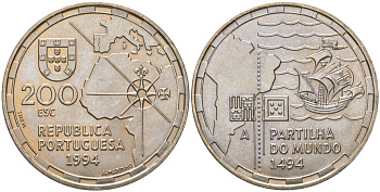 Португалия 200 эскудо 1994 500 лет разделению зон влияния между Португалией и Испанией KM 672 медно-никель UNC 74-614