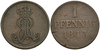 Ганновер 1 пфенниг 1847 A, Эрнст Август (1837-1851) KM 201.2, AKS 130, J. 74 медь 08-1359