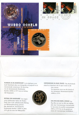 Нидерланды 1 экю 1999 Космическое путешествие, в оригинальном конверте, с марками, первый день гашения X 241 медно-никель BU 4-3-8-49