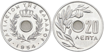 Греция 20 лепта 1954 Павел I (1947-1964), оливковая ветвь KM 79 алюминий UNC 4571-1032