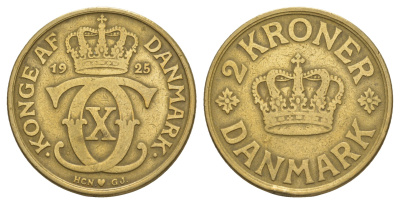 Дания 2 кроны 1925 HCN; GJ, Кристиан X (1912-1947) KM 825 алюминиевая бронза 88-536