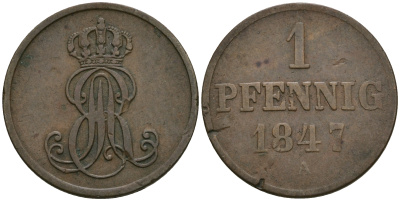 Ганновер 1 пфенниг 1847 A, Эрнст Август (1837-1851) KM 201.2, AKS 130, J. 74 медь 08-1359