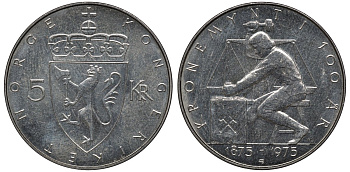 Норвегия 5 крон 1975 100 лет Норвежской кроне KM 421 медно-никель UNC 81-811