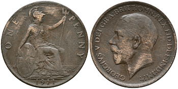 Великобритания 1 пенни 1911 Георг V (1910-1936) KM 810, Spink 4051 бронза 32-833
