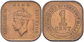 Британская Малайя 1 цент 1939 Георг VI (1937-1952) KM 2 бронза UNC 68-522