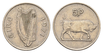 Ирландия 5 пенсов 1971 бык KM 22 медно-никель 4175-153