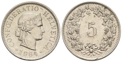 Швейцария 5 раппенов 1964 В KM 26 медно-никель 4576-932