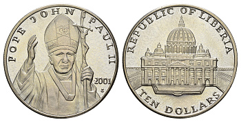 Либерия 10 долларов 2001 Иоанн Павел II KM 643a медно-никель PROOF 443-644