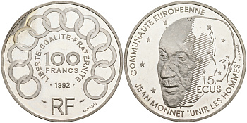 Франция 100 франков - 15 экю 1992 Жан Монне KM 1012 серебро  PROOF 02-127-43