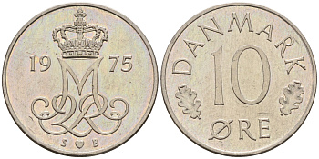 Дания 10 эре 1975 S. B, Маргрете II (1972-) КМ 860.1 медно-никель    4169-224