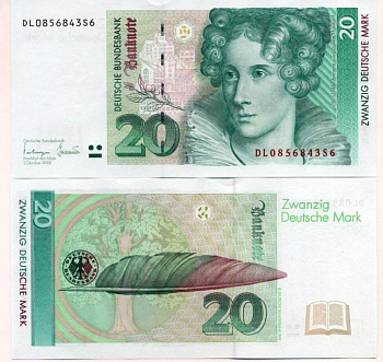 ФРГ 20 марок 1993 1 октября 1993, серия DL Pick 39 b, Розенберг 304 а бумага UNC (пресс) 450-37-3