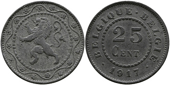 БЕЛЬГИЯ 25 САНТИМОВ 1917 BELGIQUE-BELGIE, ГЕРМАНСКАЯ ОККУПАЦИЯ, ПЕРВАЯ МИРОВАЯ ВОЙНА KM 82 цинк 98-653