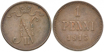 РОССИЯ ДЛЯ ФИНЛЯНДИИ 1 ПЕННИ 1915 НИКОЛАЙ II KM 13, Биткин 475 медь 4396-1431