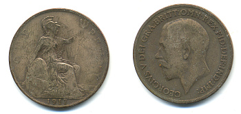 Великобритания 1 пенни 1917 Георг V (1910-1936) КМ 810, Spink 4051 бронза 83-542