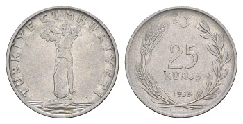 Турция 25 курушей 1959 KM 892.1 нержавеющая сталь 4648-653