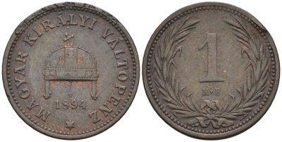 Венгрия 1 филлер 1894 КВ, Франц Иосиф I (1848-1916) KM 480 бронза 4585-153