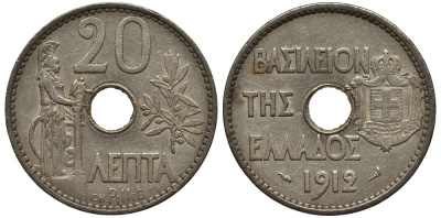 Греция 20 лепта 1912 король Георг I (1863-1913), Афина KM 64 никель 4538-1024