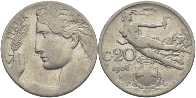 ИТАЛИЯ 20 ЧЕНТЕЗИМО 1908 R KM 44 никель 28-116