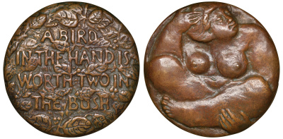 Нидерланды медаль 1980 птица в руке лучше чем две в кустах, эротика, обнаженная, диаметр 60 мм Vathorst Til. 407 бронза 1093-1-32