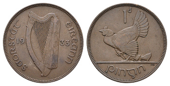 Ирландия 1 пенни 1933 курица с цыплятами KM 3 бронза 4672-414