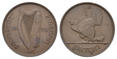 Ирландия 1 пенни 1933 курица с цыплятами KM 3 бронза 4672-414