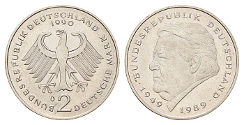 ФРГ 2 марки 1990 D, Франц Йозеф Штраус, 40 лет Федеративной Республике (1949-1989) KM 175, J. 450 медно-никель 3459-1023