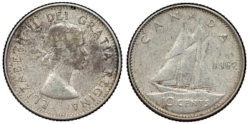 Канада 10 центов 1962 Елизавета II (1952-2022), парусник KM 51 серебро 71-147