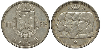 Бельгия 100 франков 1948 Belgie, королевская династия KM 139.1 серебро 443-822