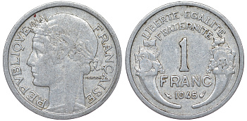 Франция 1 франк 1945 KM 885а.1 алюминий 25-2344