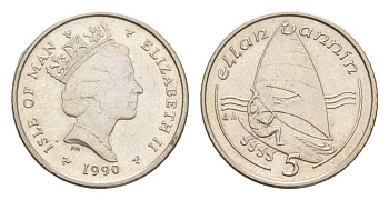 Остров Мэн 5 пенсов 1990 PM, Елизавета II (1952-2022) KM 209.2 медно-никель aUNC 4651-357