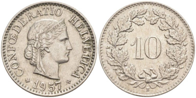 ШВЕЙЦАРИЯ 10 РАППЕНОВ 1957 В KM 27 медно-никель 55-251
