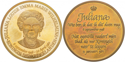 НИДЕРЛАНДЫ МЕДАЛЬ 1980 ЮЛИАННА, 39 мм латунь PROOF 118-431