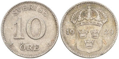 Швеция 10 эре 1929 G, Густав V (1907-1950) KM 780 серебро 4147-834