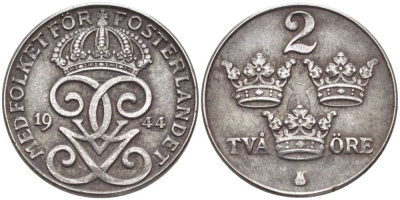 Швеция 2 эре 1944 Густав V (1907-1950), военный выпуск KM 811 железо 119-1032
