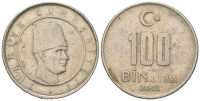 Турция 100000 лир 2001 KM 1106 медь цинк никель 4158-322