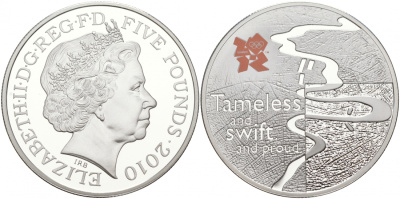 Великобритания 5 фунтов 2010 Елизавета II (1952-2022), XXX летние Олимпийские Игры в Лондоне в 2012, река Темза KM 1154, Spink LO45 серебро PROOF 02-039-41