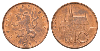 Чехия 10 крон 1995 кафедральный собор, город Брно KM 4 сталь плакированная медью aUNC 4622-416