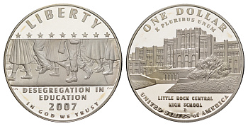 США 1 доллар 2007 P, Десегрегация в образовании - школа в Литл-Рок, оригинальная коробка, сертификат KM 418 серебро  PROOF  3-6-5-22