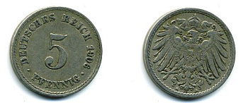 ГЕРМАНИЯ 5 ПФЕННИГОВ 1906 A, KM 11, J. 12 медно-никель 62-2428